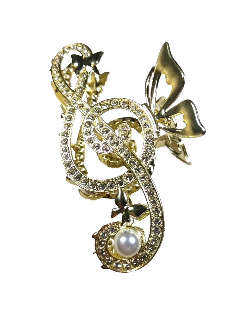 Musical Note Hair Claw Barrette Gold Tone Rhinestone Faux Pearl Butterfly...